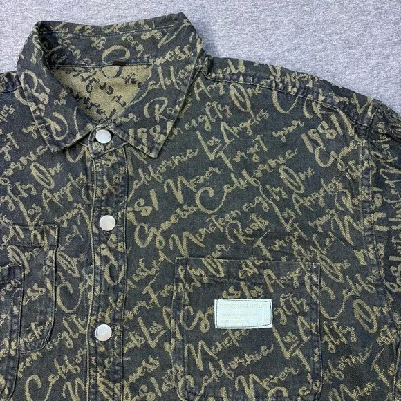 BEDXXSAUSUP Mens Script Print Denim Shirt Los Angeles California Black Gold - Picture 1 of 9